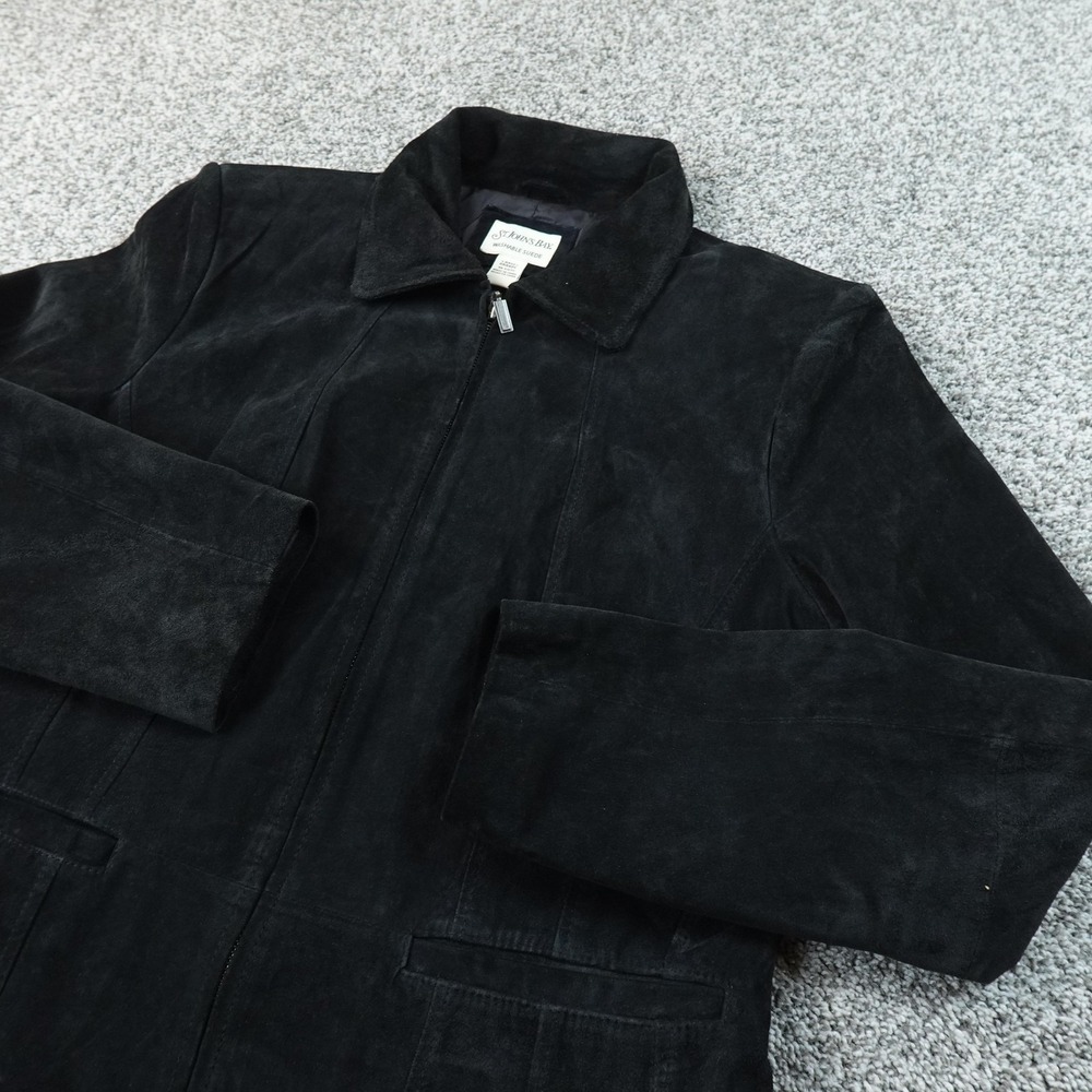 St Johns Bay Coat Womens L Black Suede Leather Full Zip Mid Length Jacket Biker